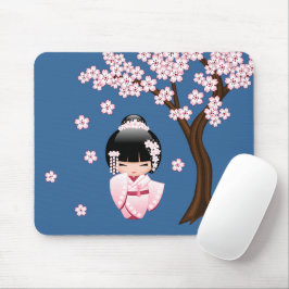Roze Kimono Kawaii Kokeshi Pop op Blauwe Ondergron Muismat