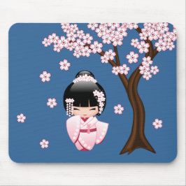 Roze Kimono Kawaii Kokeshi Pop op Blauwe Ondergron Muismat