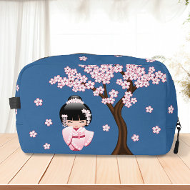 Roze Kimono Kawaii Kokeshi Pop op Blauwe Ondergron Toilettasje