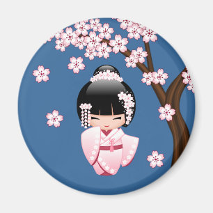 Roze Kimono Kawaii Kokeshi Pop op Blauwe Rond Magneet