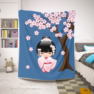 Roze Kimono Kawaii Kokeshi Pop op Blauwe Sherpa Deken