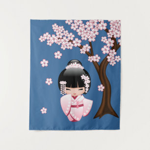 Roze Kimono Kawaii Kokeshi Pop op Blauwe Wandkleed