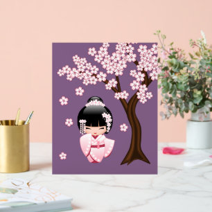 Roze Kimono Kawaii Kokeshi Pop op Paars Acryl Bord