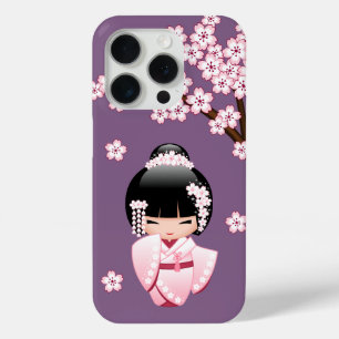 Roze Kimono Kawaii Kokeshi Pop op Paars iPhone 15 Pro Case