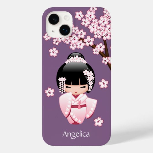 Roze Kimono Kawaii Kokeshi Pop op Paars Case-Mate iPhone Case (Achterkant)