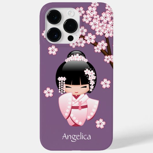 Roze Kimono Kawaii Kokeshi Pop op Paars Case-Mate iPhone Case (Achterkant)