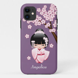 Roze Kimono Kawaii Kokeshi Pop op Paars iPhone 11 Hoesje