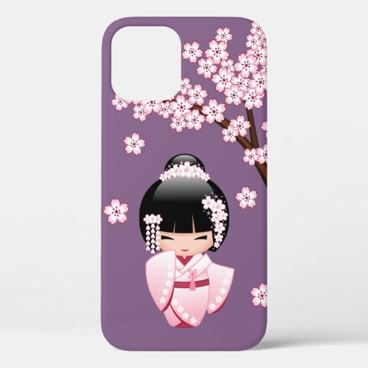 Roze Kimono Kawaii Kokeshi Pop op Paars Case-Mate iPhone Case (Achterkant)