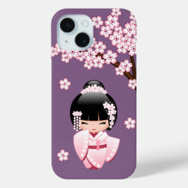 Roze Kimono Kawaii Kokeshi Pop op Paars iPhone 15 Case