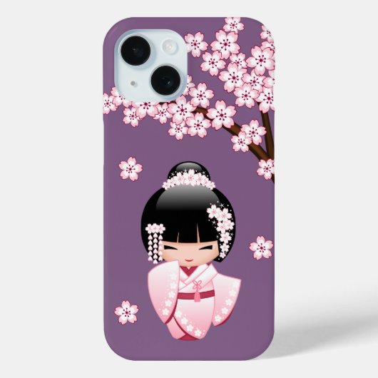 Roze Kimono Kawaii Kokeshi Pop op Paars Case-Mate iPhone Case (Achterkant)