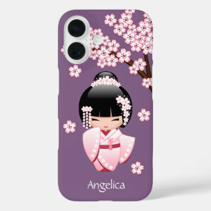 Roze Kimono Kawaii Kokeshi Pop op Paars iPhone 16 Hoesje