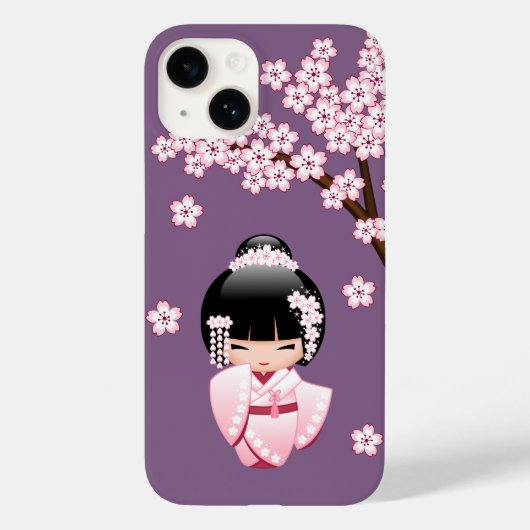 Roze Kimono Kawaii Kokeshi Pop op Paars Case-Mate iPhone Case (Achterkant)