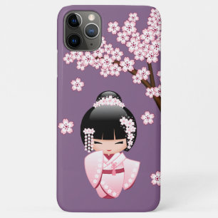 Roze Kimono Kawaii Kokeshi Pop op Paars Case-Mate iPhone Case