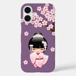 Roze Kimono Kawaii Kokeshi Pop op Paars iPhone 16 Hoesje