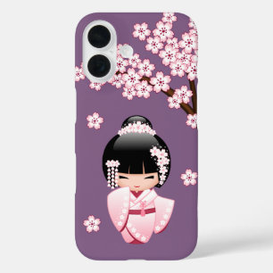Roze Kimono Kawaii Kokeshi Pop op Paars iPhone 16 Hoesje