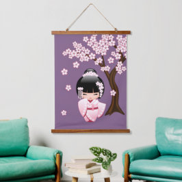 Roze Kimono Kawaii Kokeshi Pop op Paars Hangend Wandkleed