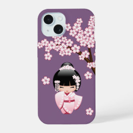 Roze Kimono Kawaii Kokeshi Pop op Paars iPhone 15 Case