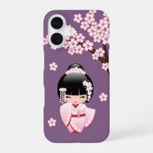Roze Kimono Kawaii Kokeshi Pop op Paars iPhone 16 Hoesje