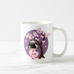 Roze Kimono Kawaii Kokeshi Pop op Paars Koffiemok