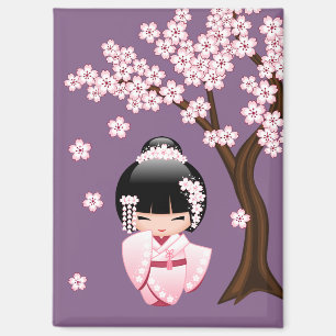 Roze Kimono Kawaii Kokeshi Pop op Paars Magneet