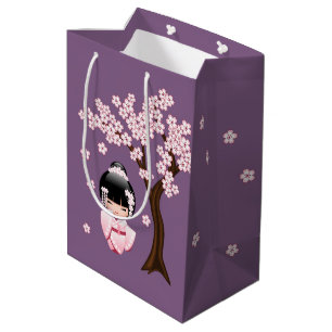 Roze Kimono Kawaii Kokeshi Pop op Paars Medium Cadeauzakje