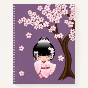 Roze Kimono Kawaii Kokeshi Pop op Paars Notitieboek