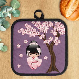 Roze Kimono Kawaii Kokeshi Pop op Paars Pannenlap