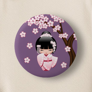 Roze Kimono Kawaii Kokeshi Pop op Paars Ronde Button 5,7 Cm