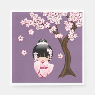 Roze Kimono Kawaii Kokeshi Pop op Paars Servet