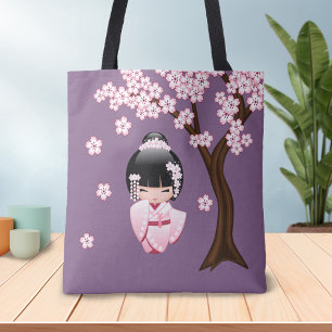 Roze Kimono Kawaii Kokeshi Pop op Paars Tote Bag