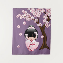 Roze Kimono Kawaii Kokeshi Pop op Paars Wandkleed