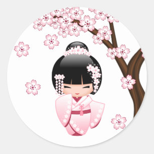 Roze Kimono Kawaii Kokeshi Pop Ronde Sticker
