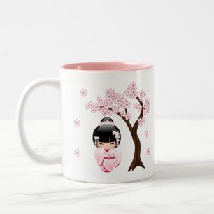 Roze Kimono Kawaii Kokeshi Pop Sakura Tweekleurige Koffiemok