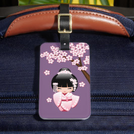 Roze Kimono Kawaii Kokeshi Pop tegen Paars Bagagelabel