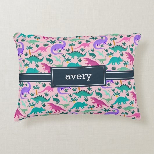 Roze | Kinder naam van het kleurrijke dinosauruspa Accent Kussen (Voorkant)