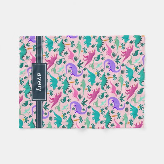 Roze | Kinder naam van het kleurrijke dinosauruspa Fleece Deken (Voorkant (Horizontaal))