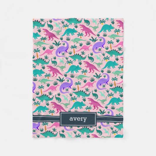 Roze | Kinder naam van het kleurrijke dinosauruspa Fleece Deken (Voorkant)