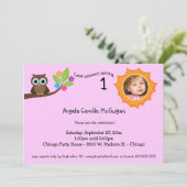 Roze kinderdagverblijf Owl Foto Uitnodigen Kaart (Staand voorkant)