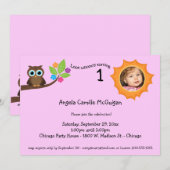 Roze kinderdagverblijf Owl Foto Uitnodigen Kaart (Voorkant / Achterkant)