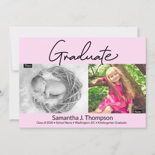 Roze Kindergarten Afstuderen dan en nu Afstudeerde Aankondiging (Voorkant)