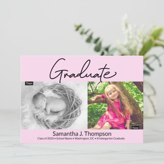 Roze Kindergarten Afstuderen dan en nu Afstudeerde Aankondiging (Staand voorkant)