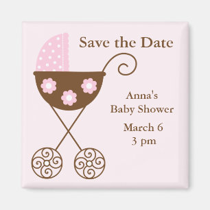 Roze kinderwagen Baby shower Save the Date Magneet