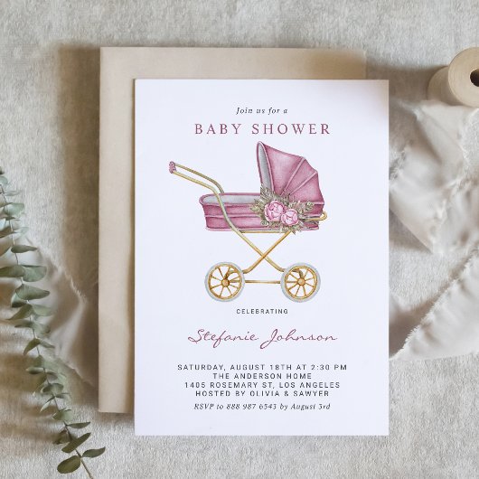 Roze kinderwagen Het is een meisje Baby shower Kaart