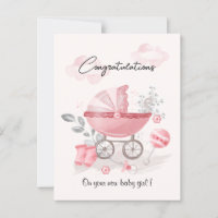 Roze kinderwagen meisje felicitaties kaart