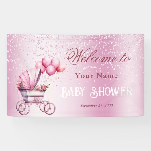 Roze kinderwagen welkom banner (Horizontaal)