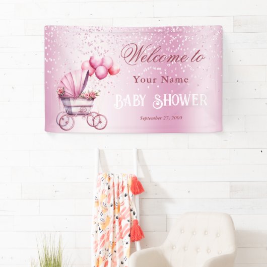 Roze kinderwagen welkomstbanner spandoek (Insitu)