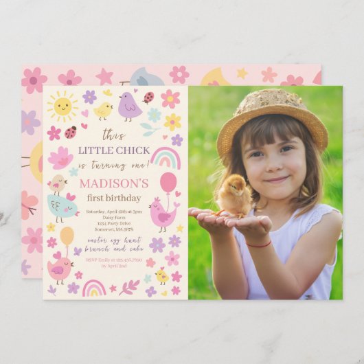 Roze kip 1e verjaardagsfeest foto uitnodiging (Voorkant / Achterkant)