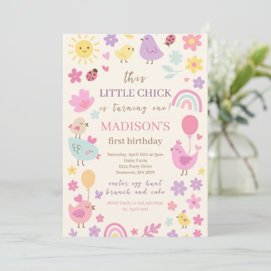 Roze kip 1e verjaardagsfeestje uitnodiging (Staand voorkant)