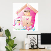 Roze kippenCoop en bloemen Poster (Thuiskantoor)