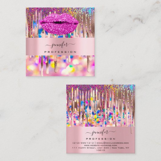 Roze KISS LIPMakeup Artist Unicorn Holografen Vierkante Visitekaartje (Voorkant / Achterkant)